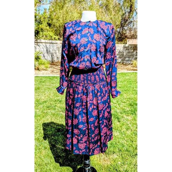 1980s VTG Cynthia Howie Buhon Sz2 Floral Red/Navy 2pc Top + Maxi Dress Set EUC - Picture 1 of 5